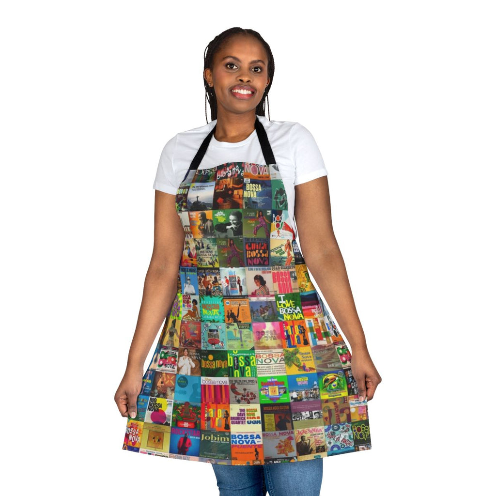 Bossa nova-themed kitchen apron with musical notes and Brazilian design