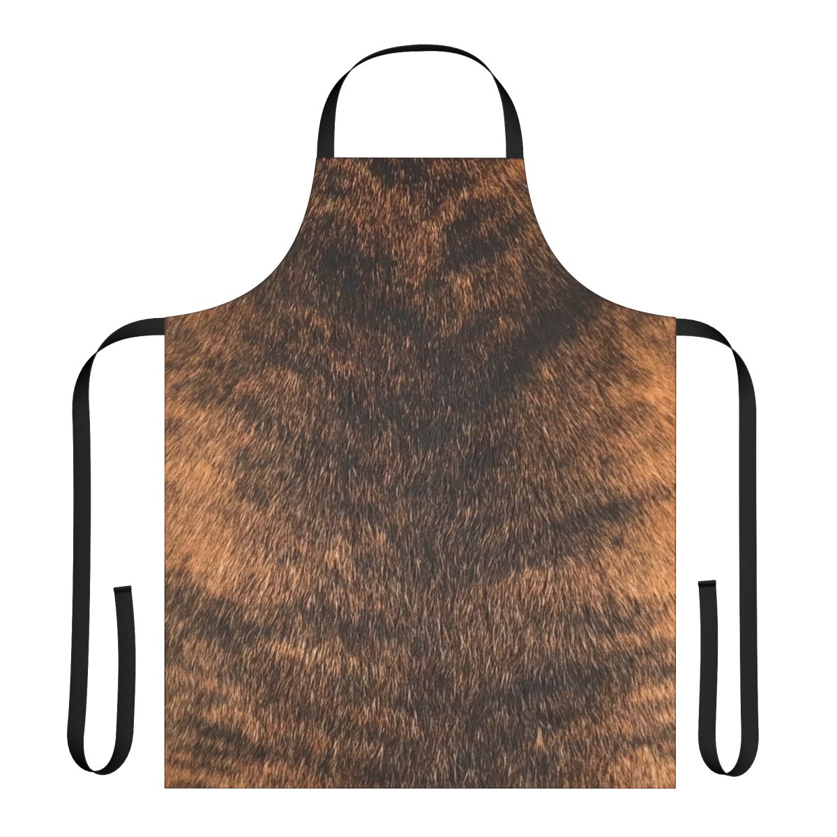 Brindle dog wearing a brown and tan brindle print apron