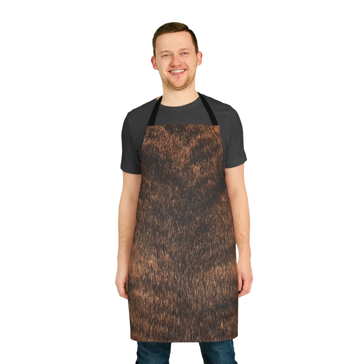 Brindle dog wearing a brown and tan brindle print apron