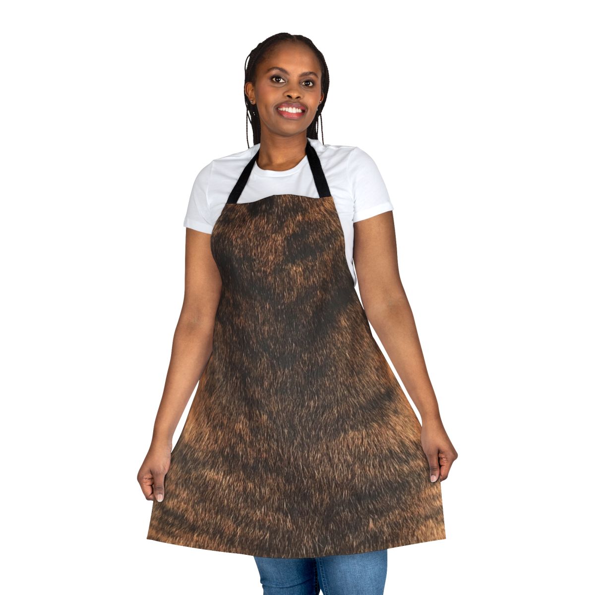 Brindle dog wearing a brown and tan brindle print apron