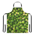 A vibrant green apron featuring a fun brussels sprouts design, perfect for the kitchen or garden.