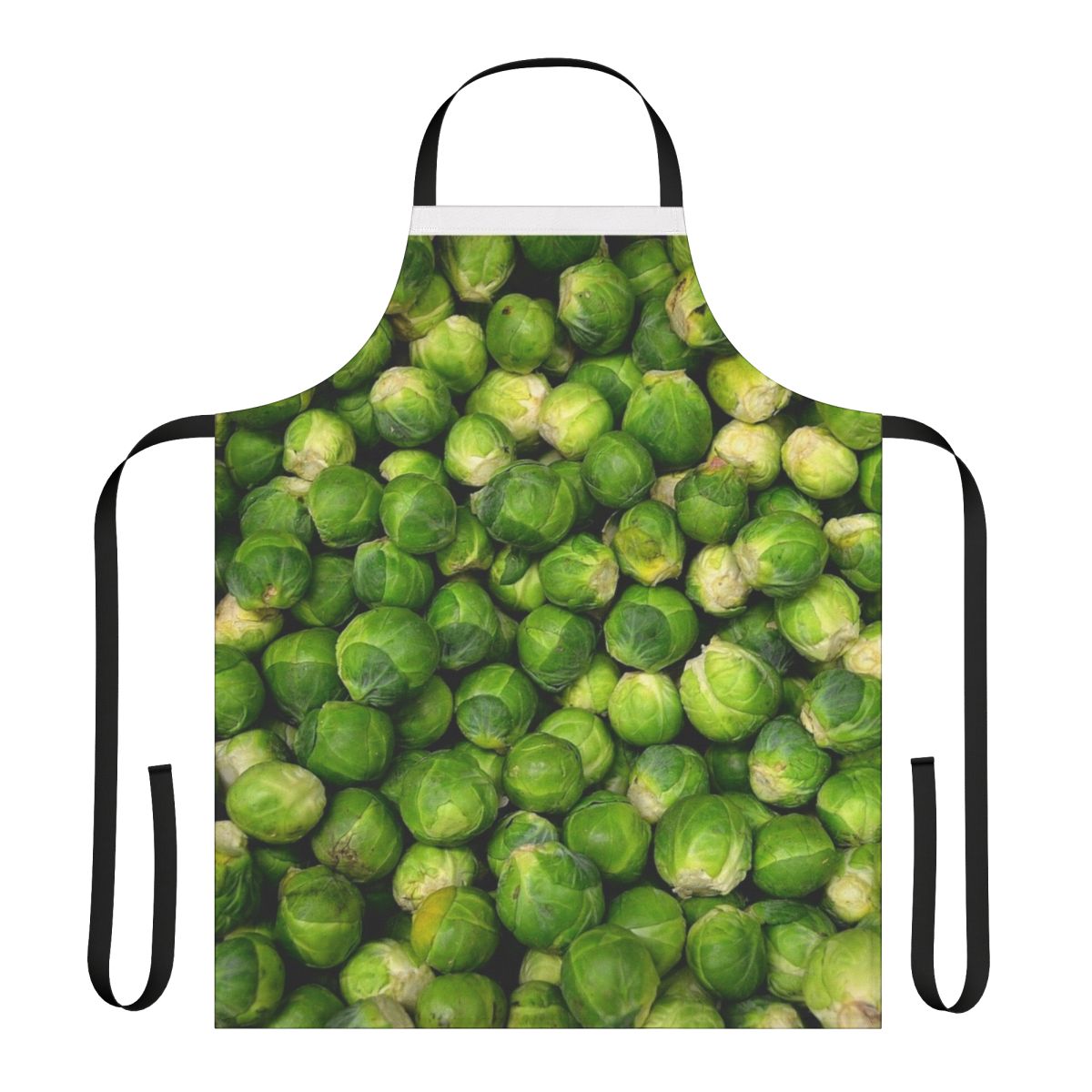 A vibrant green apron featuring a fun brussels sprouts design, perfect for the kitchen or garden.