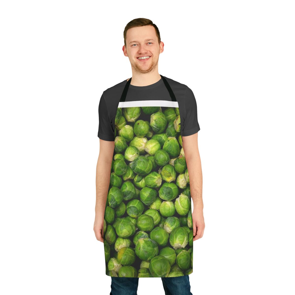A vibrant green apron featuring a fun brussels sprouts design, perfect for the kitchen or garden.