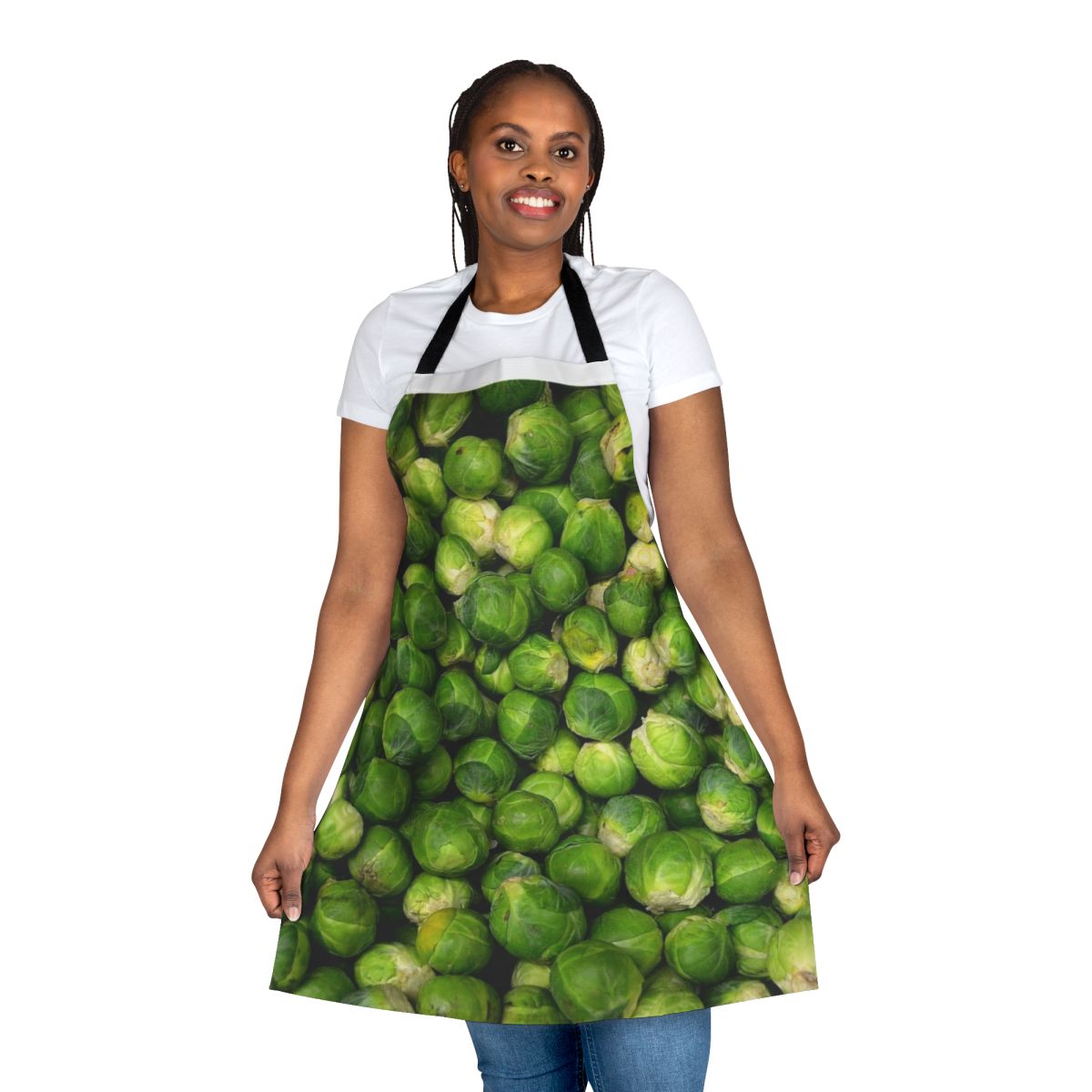 A vibrant green apron featuring a fun brussels sprouts design, perfect for the kitchen or garden.
