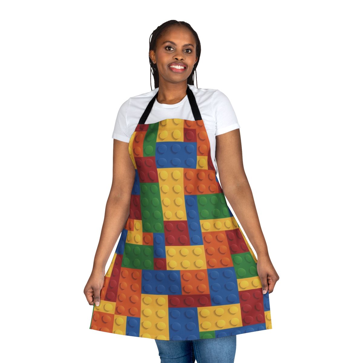 A stylish apron featuring a creative building block inspired design.