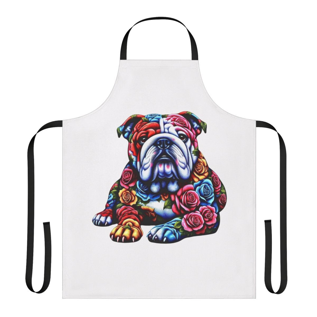 Bulldog breed themed apron with paw prints and dog silhouette design