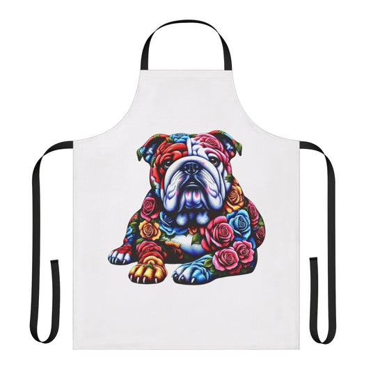 Bulldog breed themed apron with paw prints and dog silhouette design