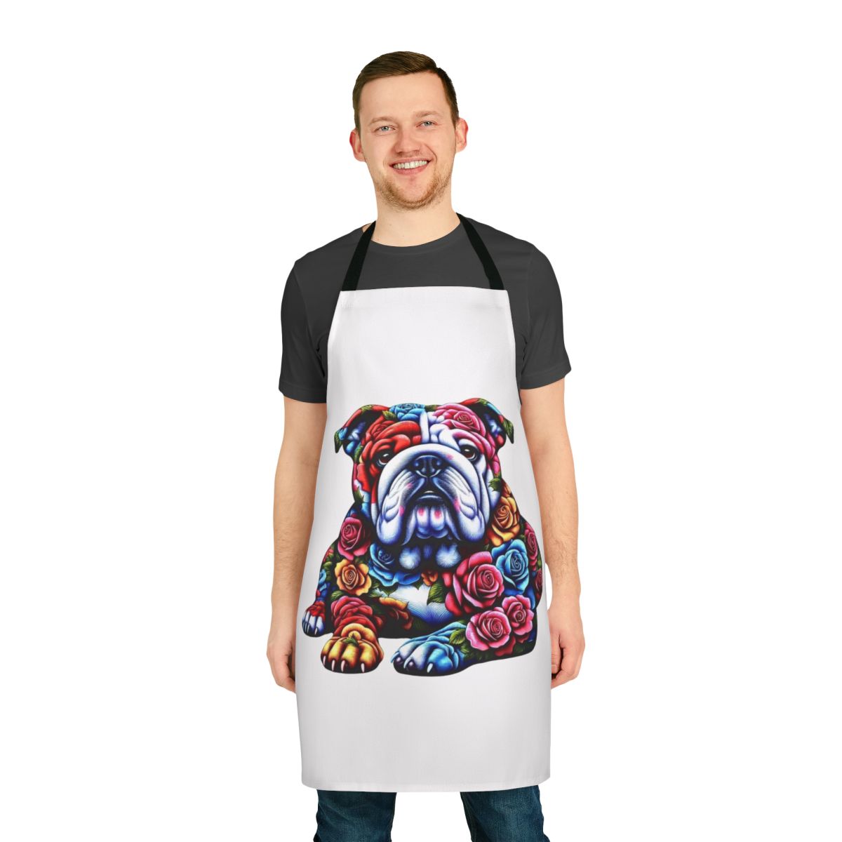 Bulldog breed themed apron with paw prints and dog silhouette design