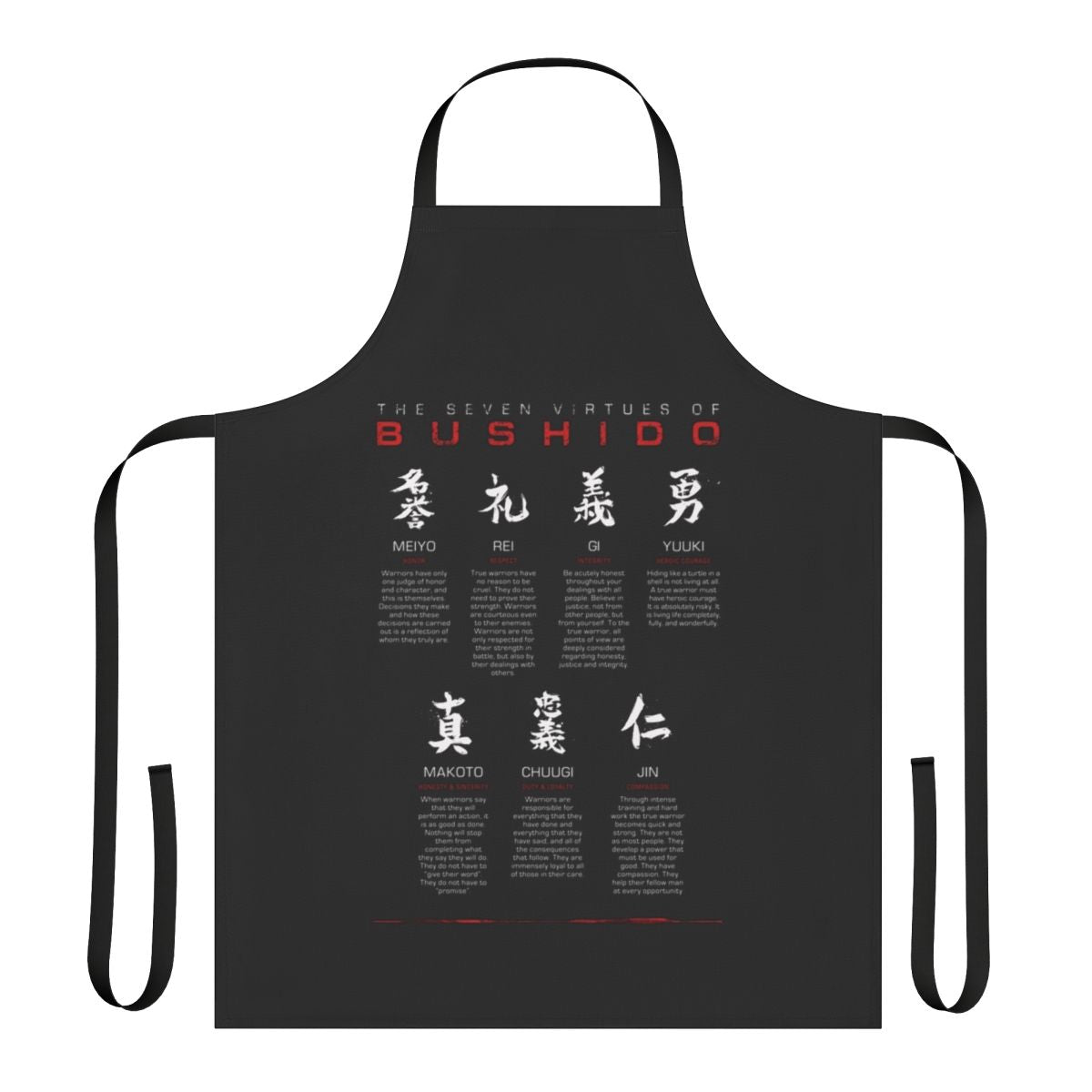 Bushido code-inspired black apron for martial arts and Japanese style enthusiasts