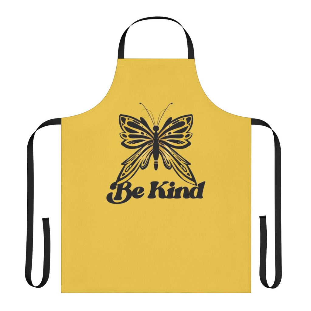 A beautiful butterfly-patterned apron with the message "Be Kind"