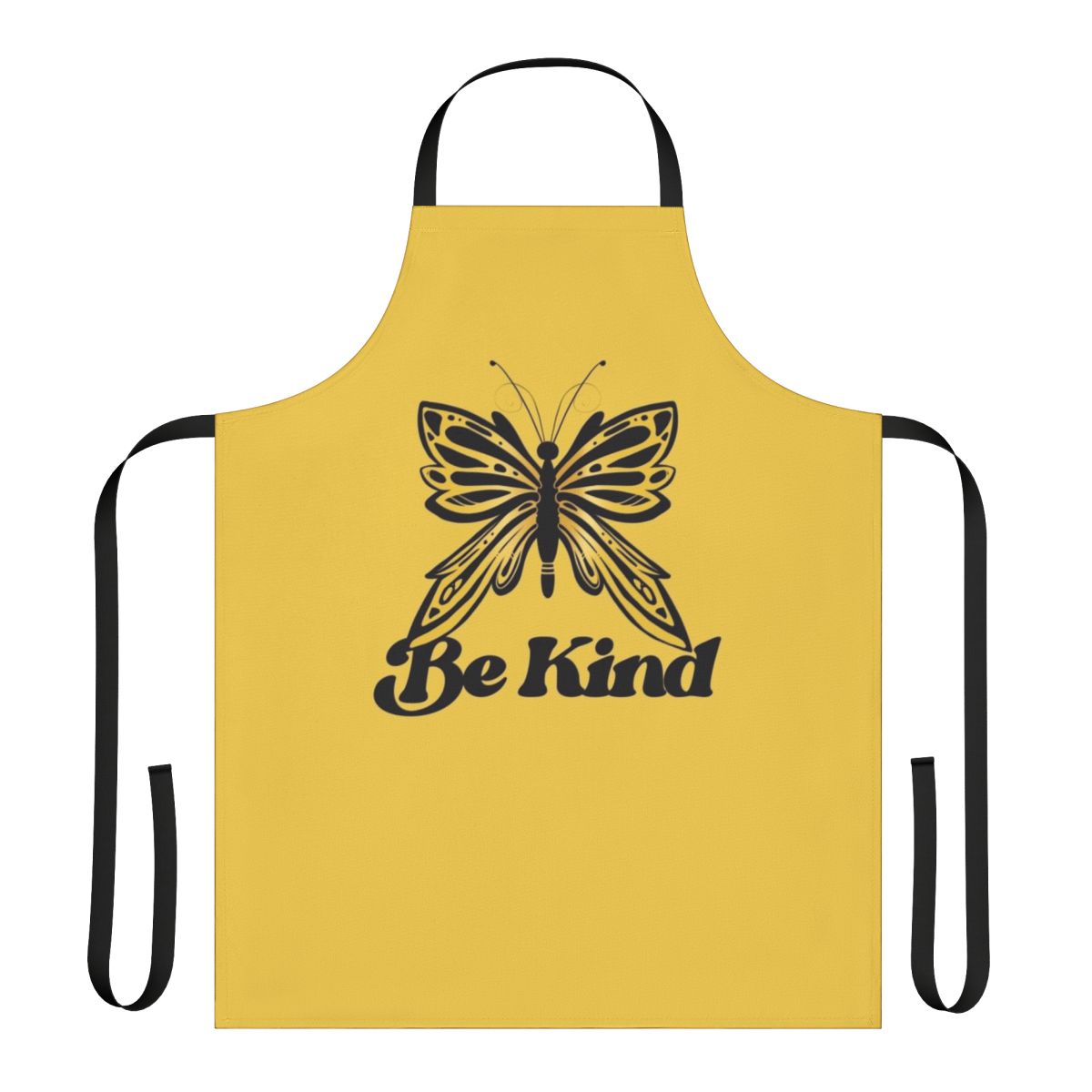 A beautiful butterfly-patterned apron with the message "Be Kind"