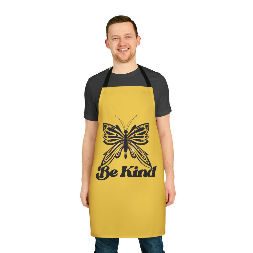 A beautiful butterfly-patterned apron with the message "Be Kind"