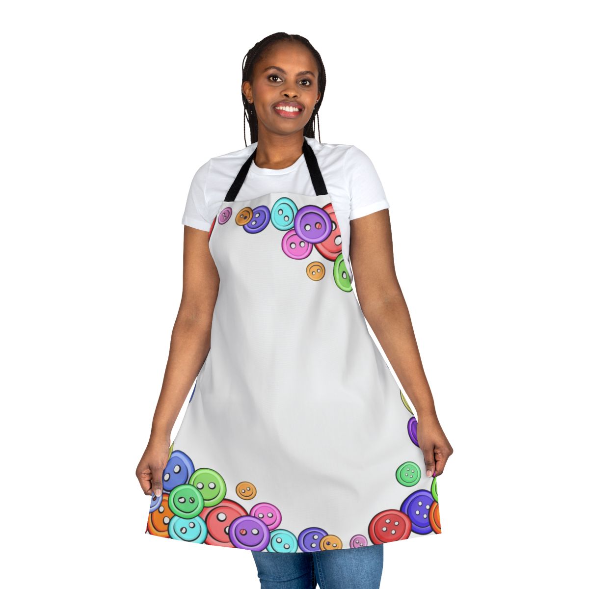 A button frame apron for sewing, crafting, and hobby activities