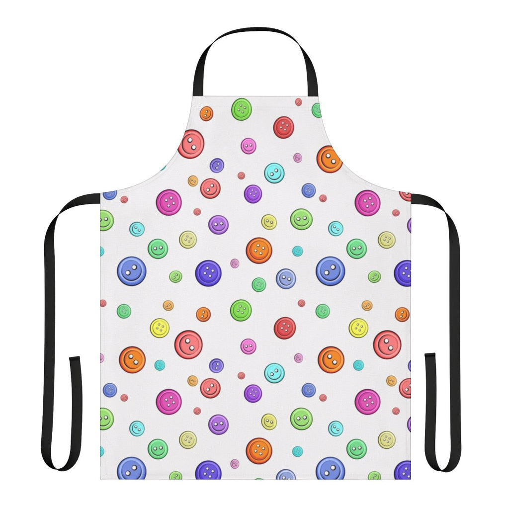 Closeup of a sewing apron with a button pattern design