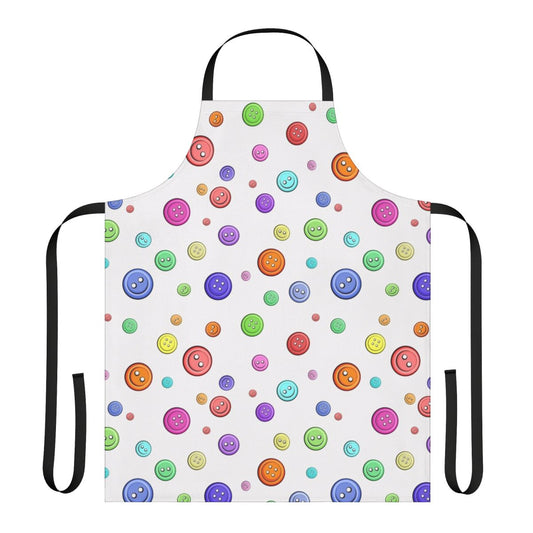 Closeup of a sewing apron with a button pattern design