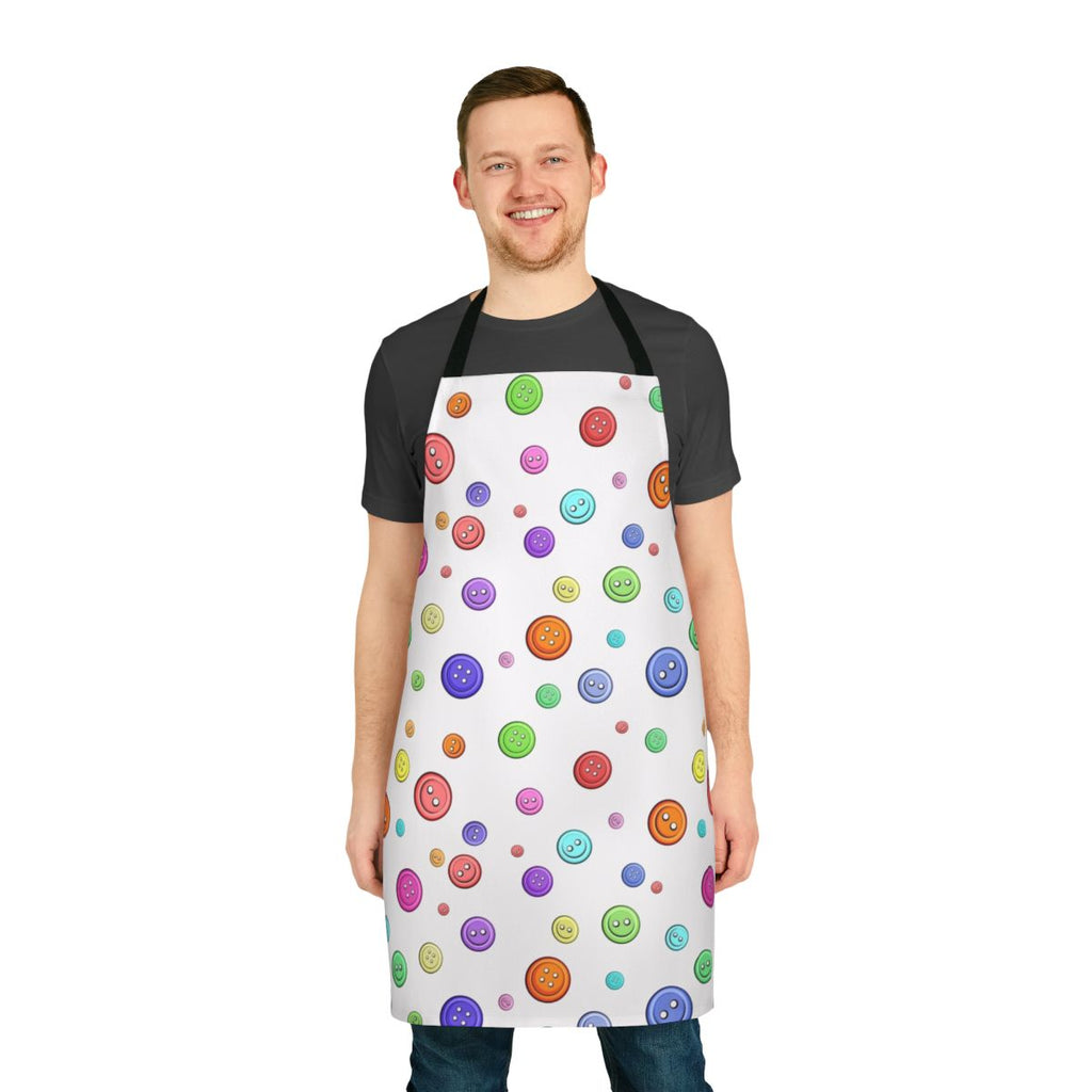 Closeup of a sewing apron with a button pattern design