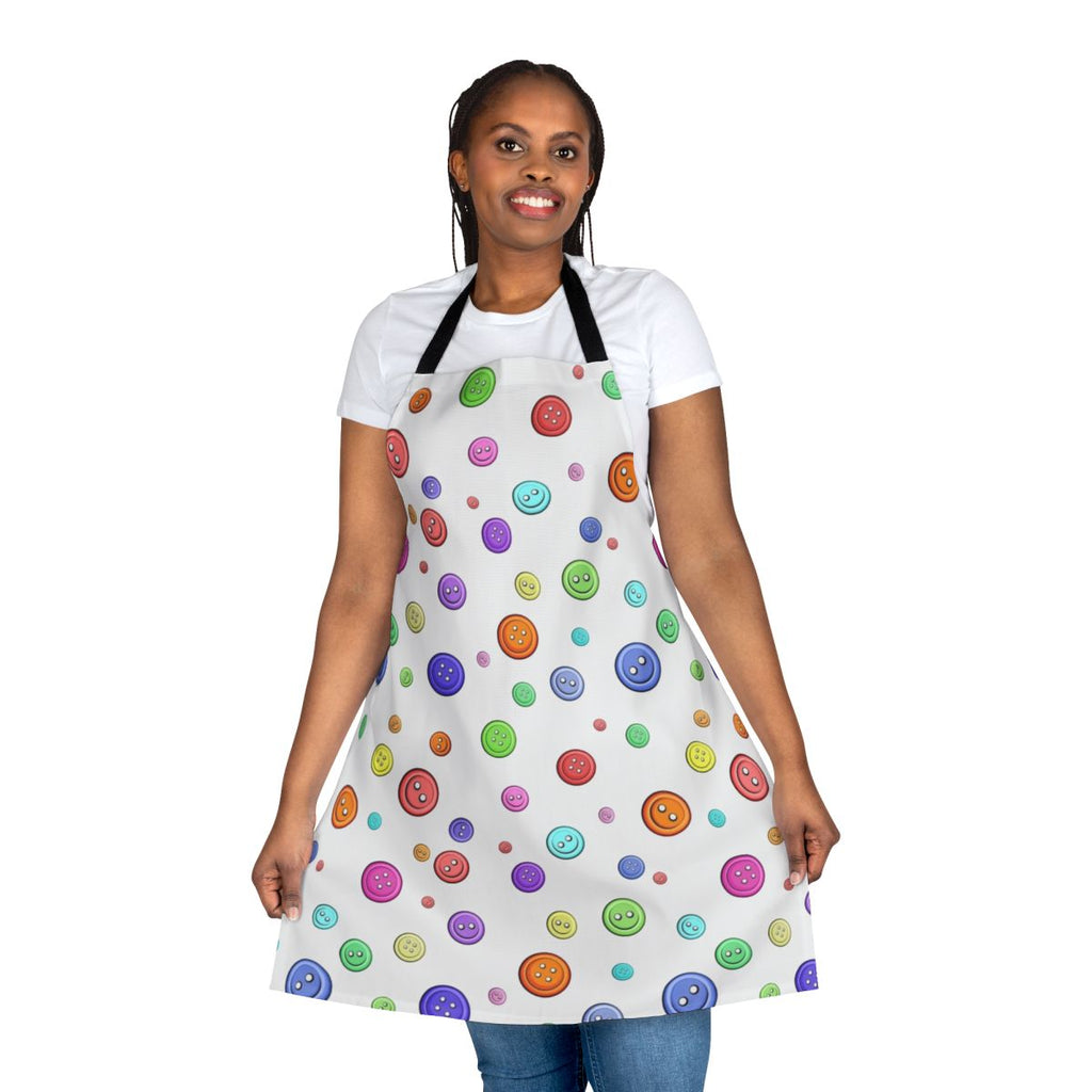 Closeup of a sewing apron with a button pattern design