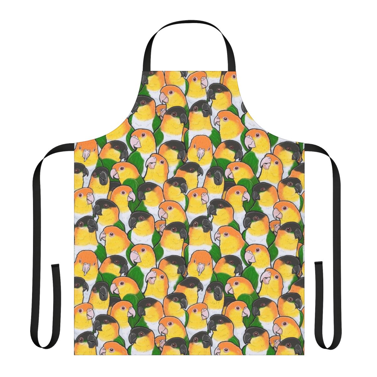 Apron featuring a vibrant pattern of adorable caique parrots