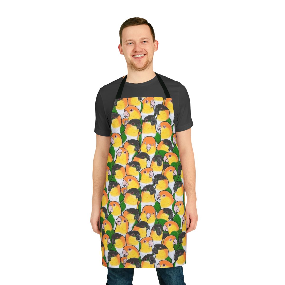 Apron featuring a vibrant pattern of adorable caique parrots