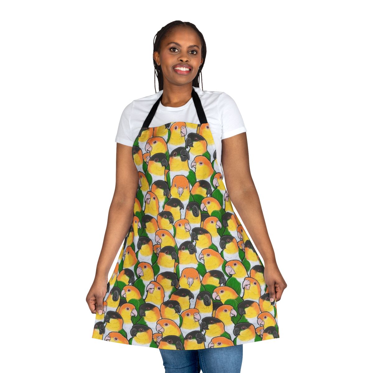 Apron featuring a vibrant pattern of adorable caique parrots