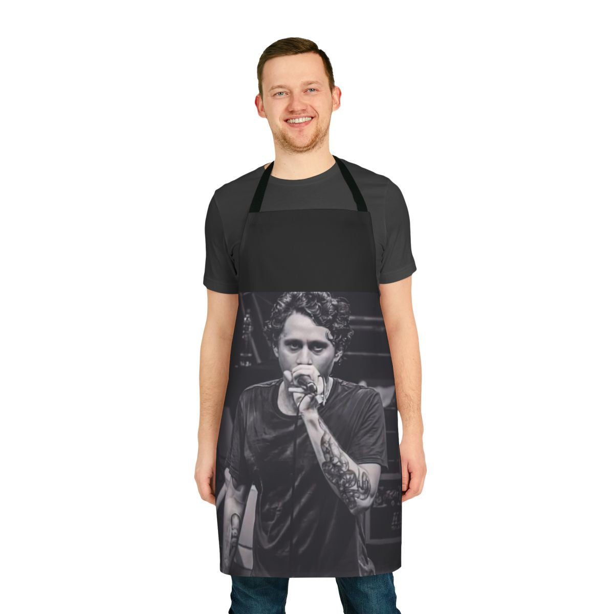 Canserbero-inspired black and white portrait design on a high-quality apron