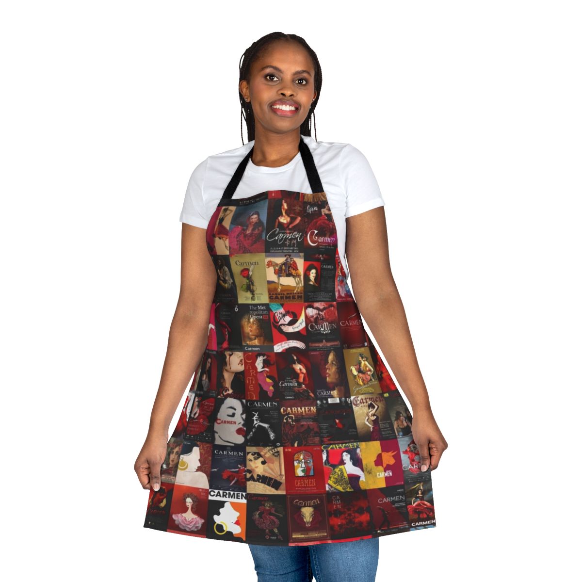 A high-quality apron featuring a charming Carmen-inspired design, perfect for cooking and baking.