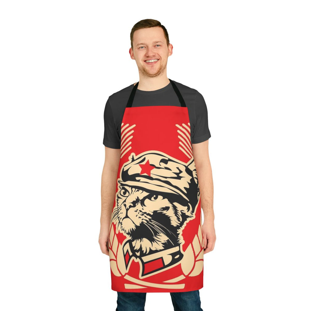 A stylish apron featuring a stencil design of kittens from the Mini Kitty Commune, a registered charity supporting animal rescue efforts.