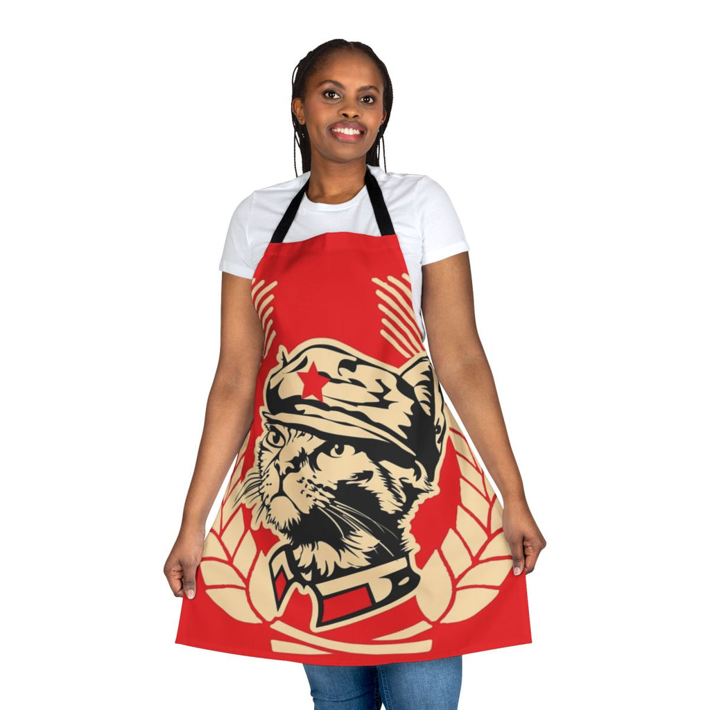 A stylish apron featuring a stencil design of kittens from the Mini Kitty Commune, a registered charity supporting animal rescue efforts.