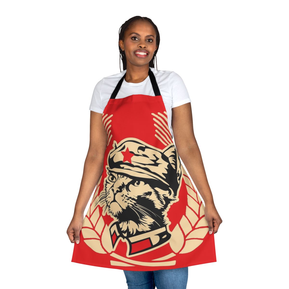 A stylish apron featuring a stencil design of kittens from the Mini Kitty Commune, a registered charity supporting animal rescue efforts.