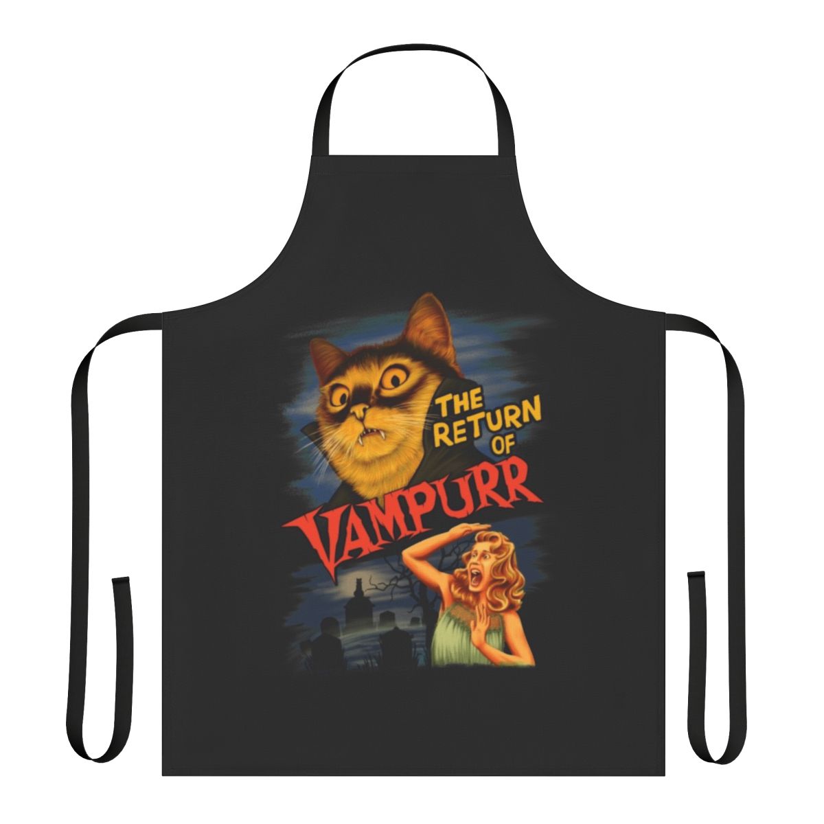 A black cat apron with the design "The Return of Vampurr"