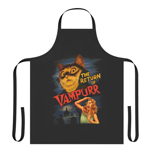 A black cat apron with the design "The Return of Vampurr"