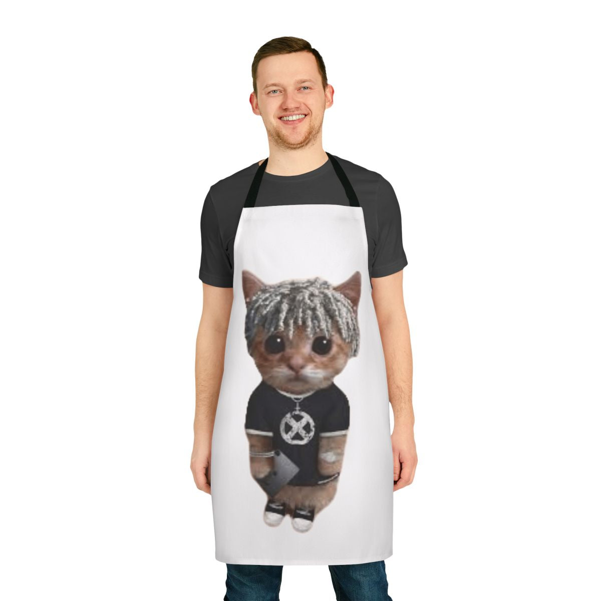Vibrant cat meme design printed on a high-quality apron