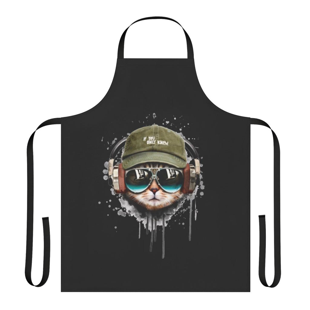 Apron featuring a cat wearing sunglasses and headphones, perfect for music-loving pet owners