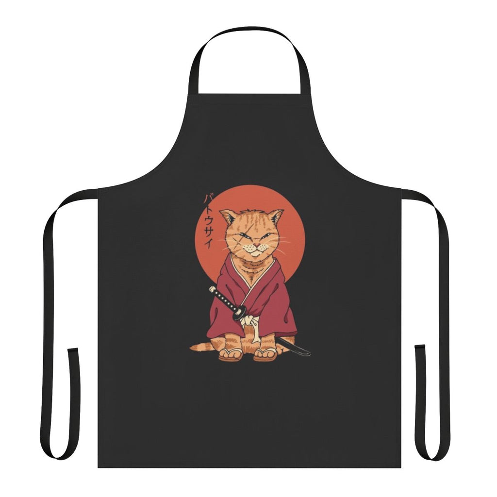 A stylish apron featuring a cat in a samurai pose, inspired by Japanese ukiyo-e woodblock prints.