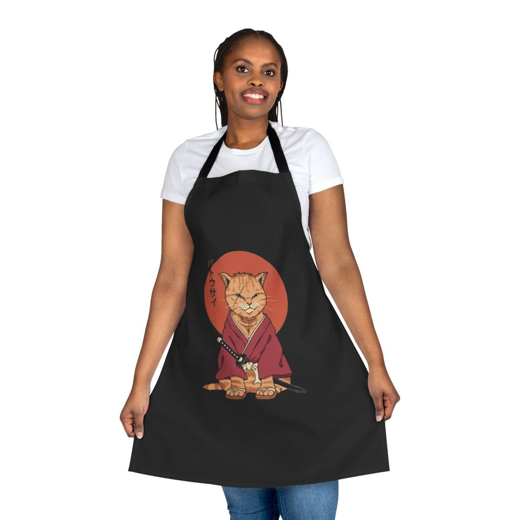 A stylish apron featuring a cat in a samurai pose, inspired by Japanese ukiyo-e woodblock prints.