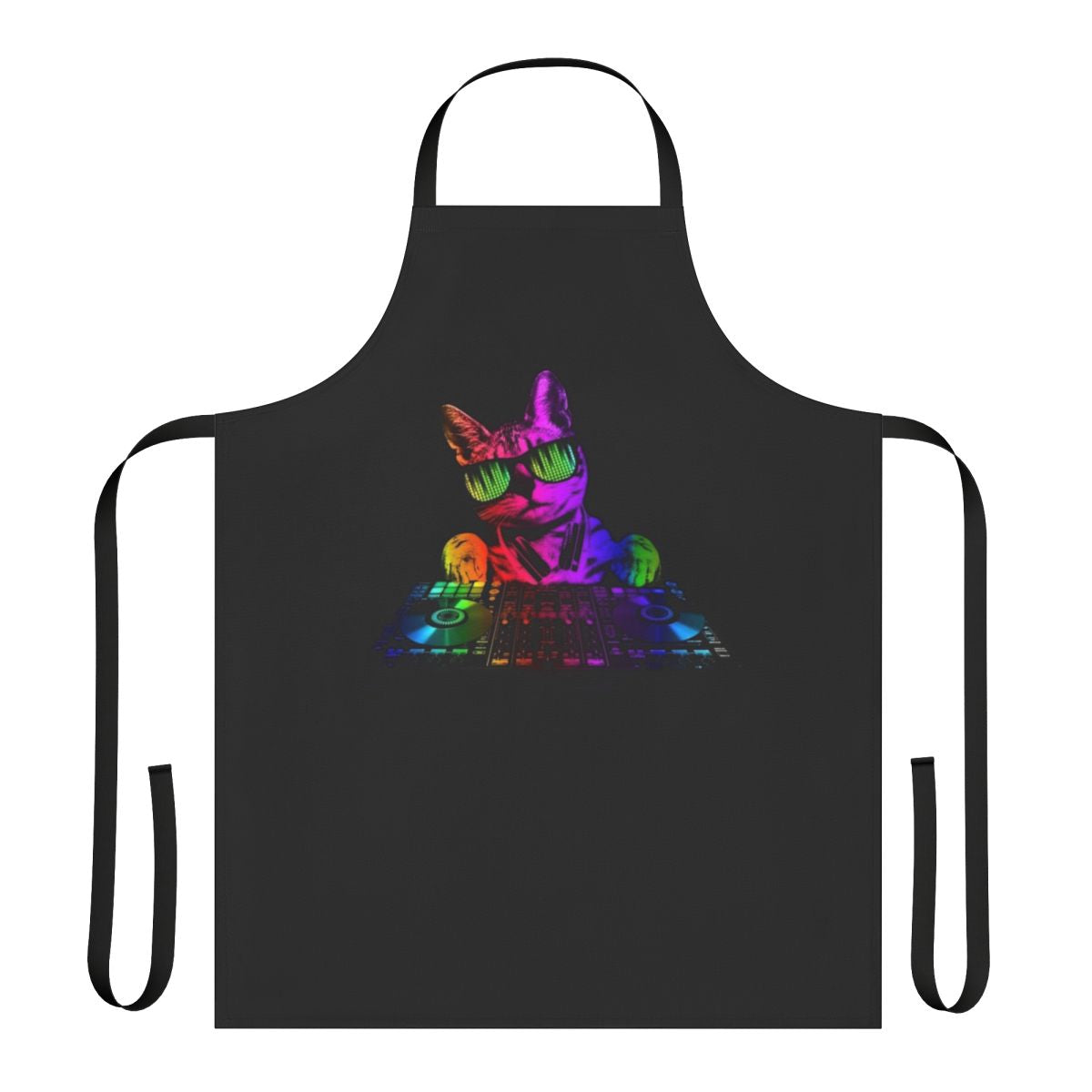 Colorful apron featuring a cool cat DJ against a disco background