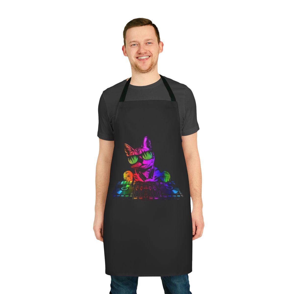 Colorful apron featuring a cool cat DJ against a disco background