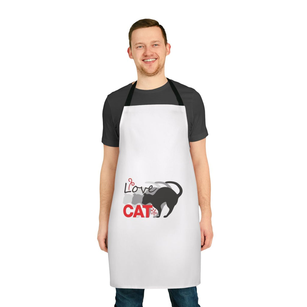 Model wearing a high-quality, cat-themed apron
