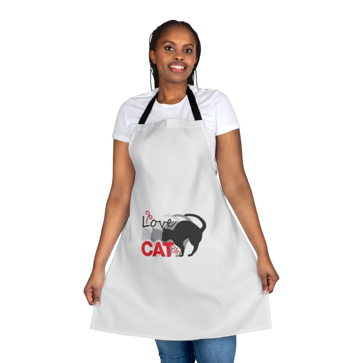 Model wearing a high-quality, cat-themed apron