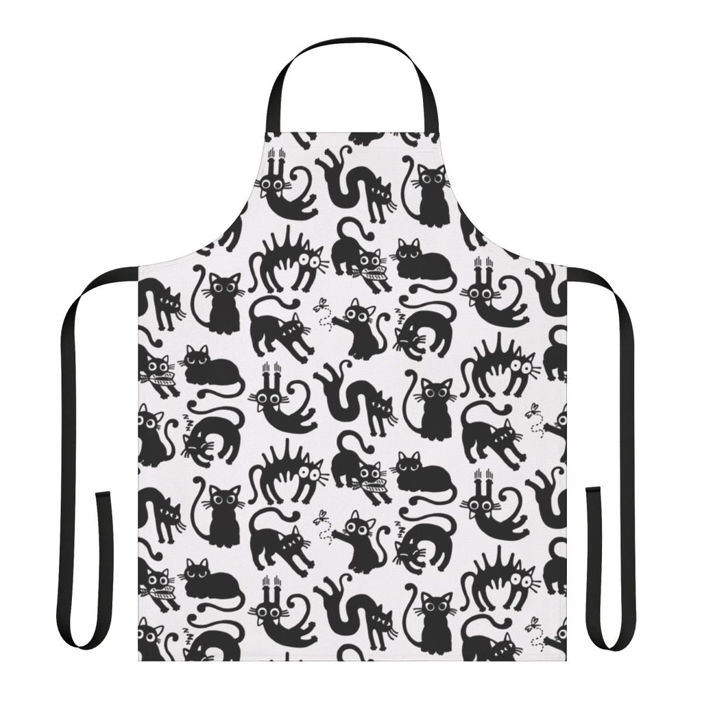 A black and white lineart design featuring playful cats and kittens on a high-quality apron
