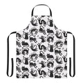 A black and white lineart design featuring playful cats and kittens on a high-quality apron