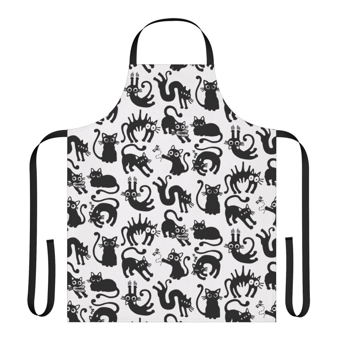 A black and white lineart design featuring playful cats and kittens on a high-quality apron
