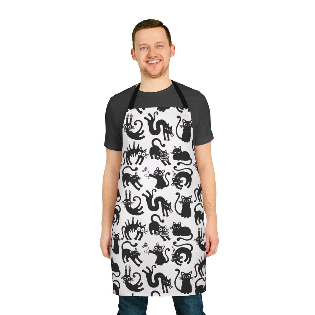 A black and white lineart design featuring playful cats and kittens on a high-quality apron