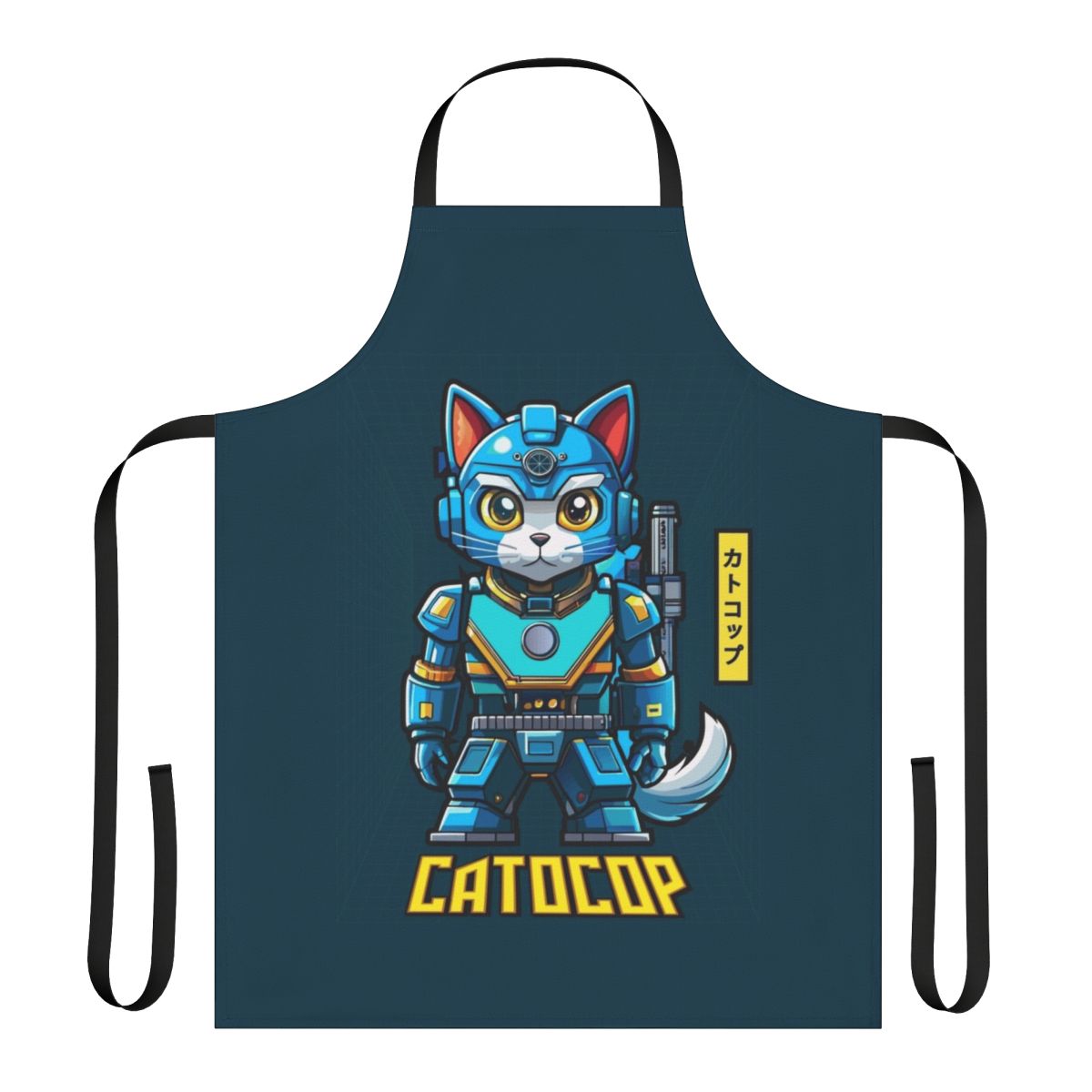 Colorful cartoon-style apron featuring a cat-themed police officer design