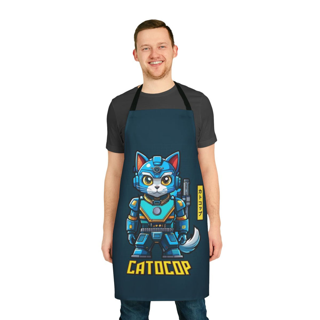 Colorful cartoon-style apron featuring a cat-themed police officer design