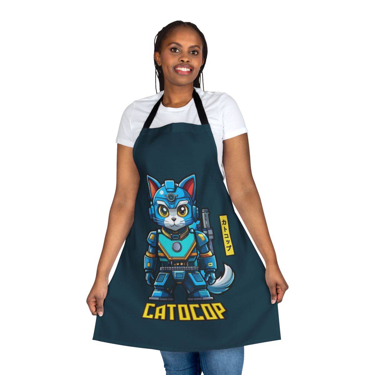 Colorful cartoon-style apron featuring a cat-themed police officer design
