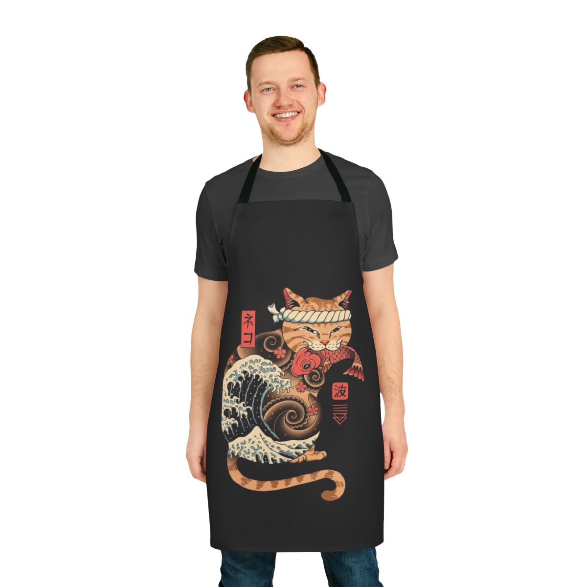 Catana Wave Apron featuring a cat design inspired by the iconic "Great Wave off Kanagawa" artwork