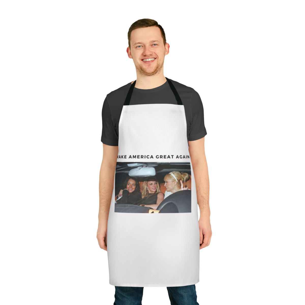 Stylish celebrity-inspired kitchen apron with names and imagery