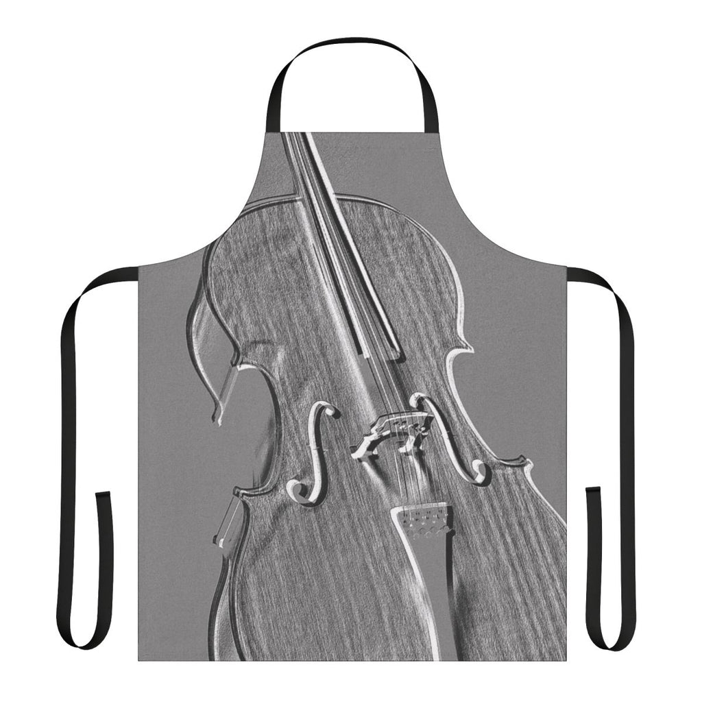 A grey apron with a graphic design of a cello, perfect for music enthusiasts.