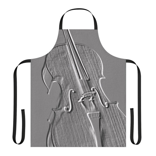 A grey apron with a graphic design of a cello, perfect for music enthusiasts.